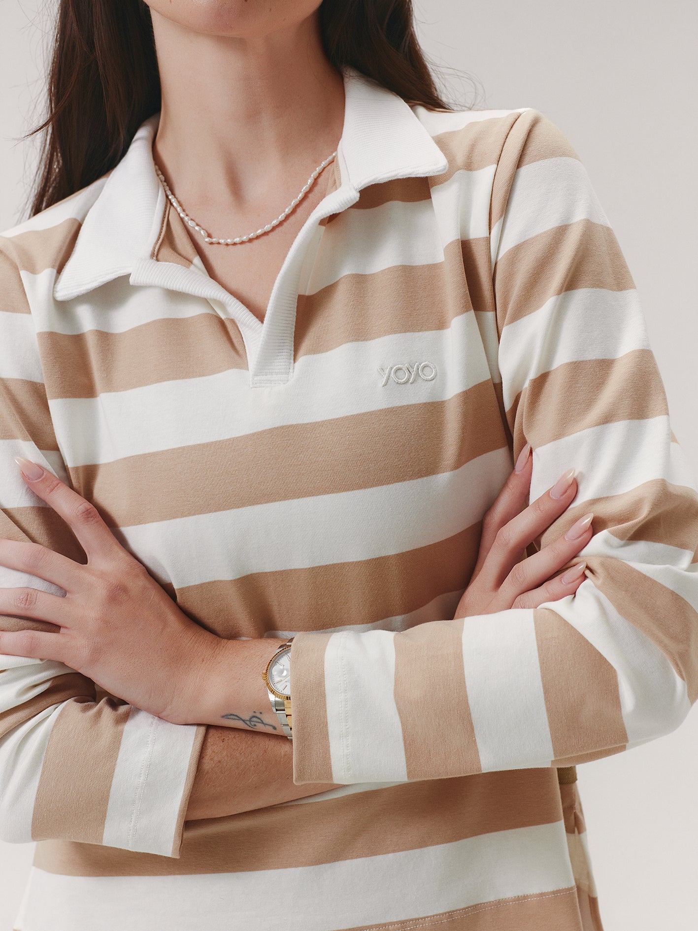 LONG SLEEVE POLO CLOUD COTTON™ WARM SUGAR/ SOFT MOCHA