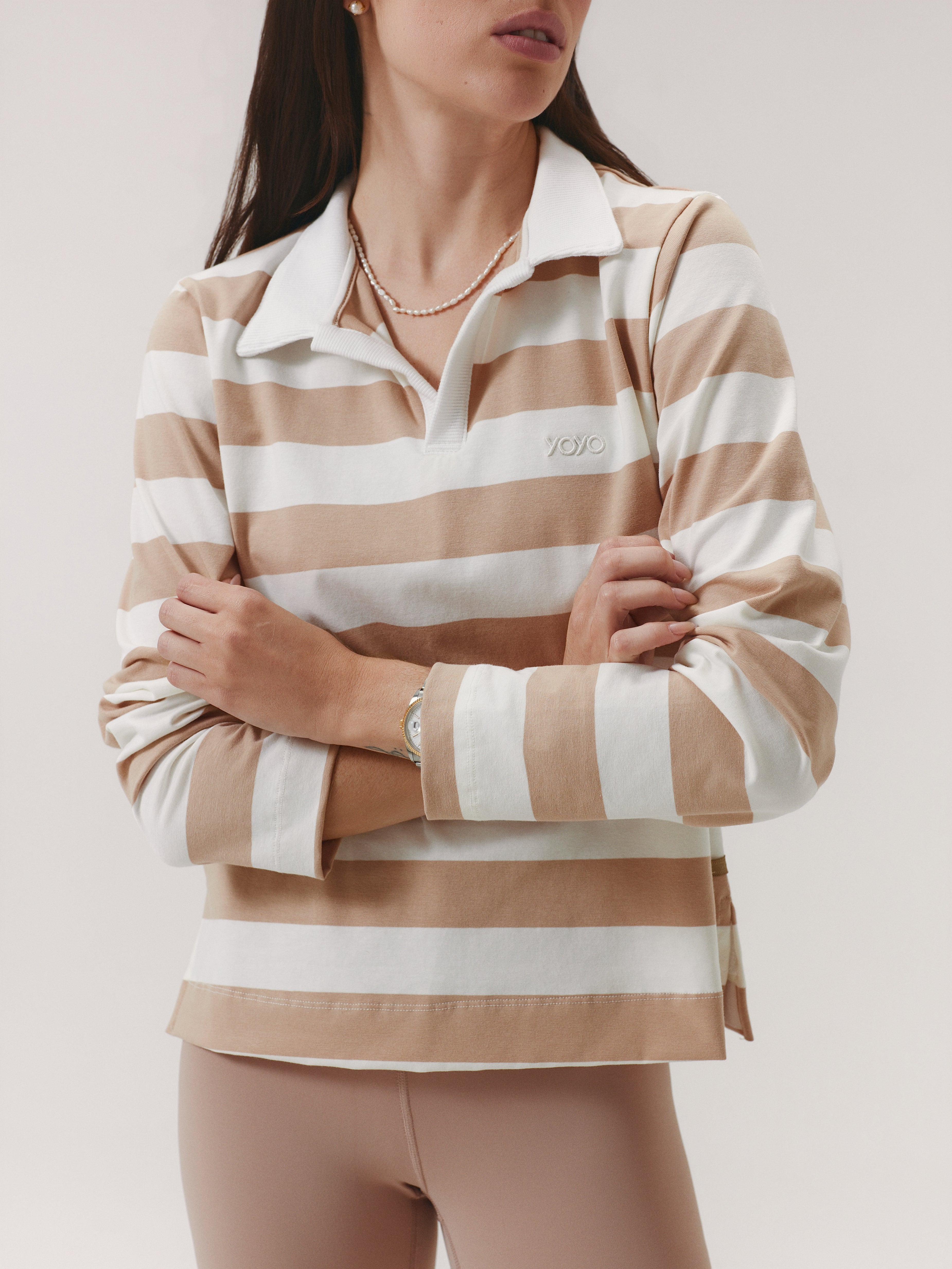 LONG SLEEVE POLO CLOUD COTTON™ WARM SUGAR/ SOFT MOCHA